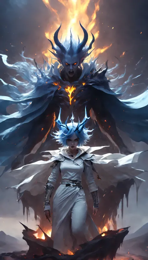 masterpiece,best quality,highly detailed,16k ,evil atmosphere,male assistant with sword yellow in colour,blue bob cut hair demon girl with horns and throne crown,in modern tshirt and  white jacket over the shoulder  and pants getting ready  make some actio...