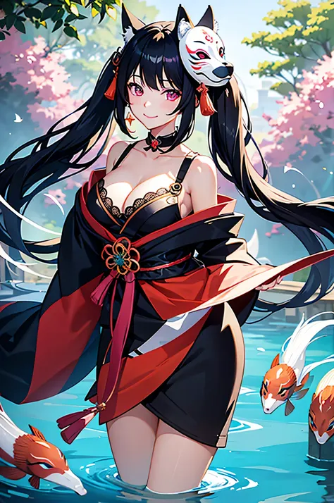 Anime artwork depicting a woman and a flock of carp circling around her, honkai star rail character sparkle, 1 girl, fox mask, mask, long hair, black hair, alone, smile, looking at the viewer, mask on head, chest, twin tails, In underwear, good, panties,ad...