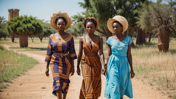 African women in traditional dress with baskets on their head. Tall grass and baobab trees are in the background. Paper quilling, colorful.