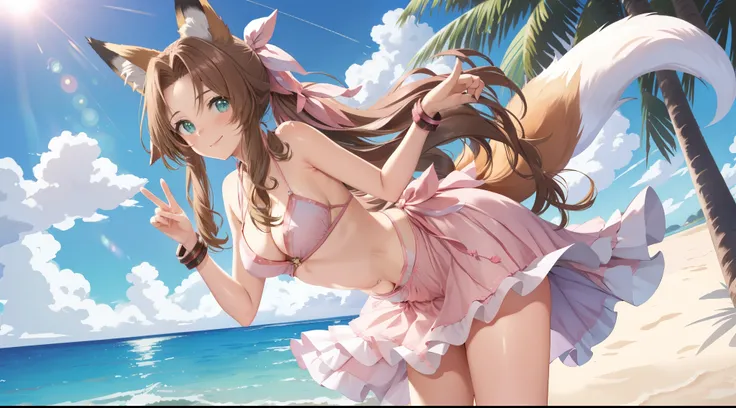 masterpiece, highest quality, Aerith Gainsbourg, pink bikini, Ruffled skirt in pink color, (fox ears:1.3), (fox tail:1.3), hair ribbon, looking at the viewer, leaning forward, smile, closed mouth, beach, The best sunshine