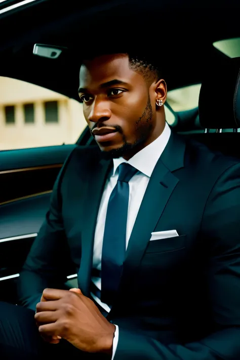 Foto RAW sequencial, capture of an elegant portrait of a black man in suit, comfortably seated in a blue sports car, absorbs a telephone conversation. This image seeks to reflect success and economic ease, personificando un estilo de vida de lujo. El jefe ...