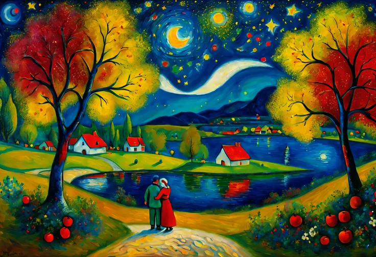 pair, village by the lake and birch forest and apple orchard, Starlight Night, ((style by Marc Chagall)), magical naive art, primitivism, prototype, ((Best quality, Masterpiece)),
((Highest detail)), RAW:1,1, 8K