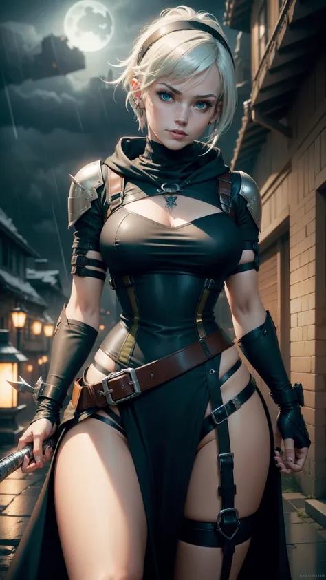 gwen tennyson,tracer,yorha 2b,rebecca chambers, overwatch, atelier ryza, close up, battle ruins, tattoos, orange plugsuit, short sleeve ninja top, short sleeve ninja leotard, garter belt, harness corset, long dress train, short ponytail hair, punk makeup, ...