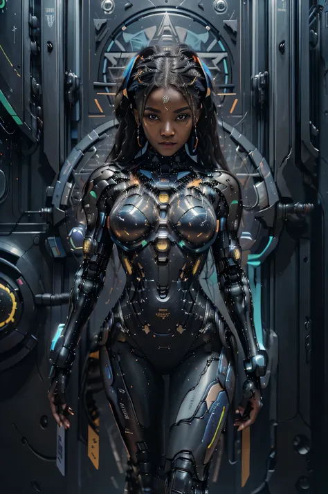 (a,B) a cyBernetic roBot  Black woman in an urBan Brazilian street, cyBer parts, partes de metal, electronics, cyBer Body parts, noite, luzes de neon, futurista, colorida, viBrant, reflective surfaces, olhos brilhantes, circuitos intrincados, advanced tech...