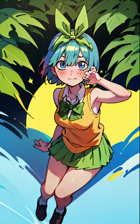 rem dressed up as yotsuba nakano, school uniform, short blue hair, sparkling blue eyes, sweet face, tender, lovely, 4k, perfect ...