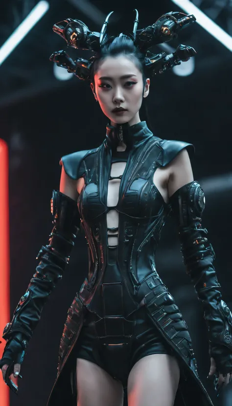 A fashion runway for alien technology , Cyberpunk fashion photography , Inspired by Chinese Xianxia and Dark Gothic。(Best quality,4K,8K,A high resolution,Masterpiece:1.2), (Realistic,Photorealistic,photo-realistic:1.37).