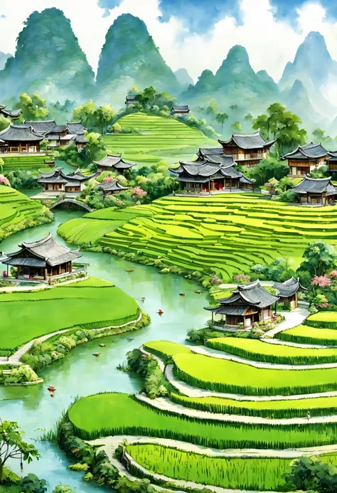 Beautiful terrace, Green rice paddies, pond, houses, Guilin landscape, The best in the world, HD, 512k