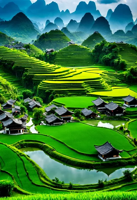 Beautiful terrace, Green rice paddies, pond, houses, Guilin landscape, The best in the world, HD, 512k