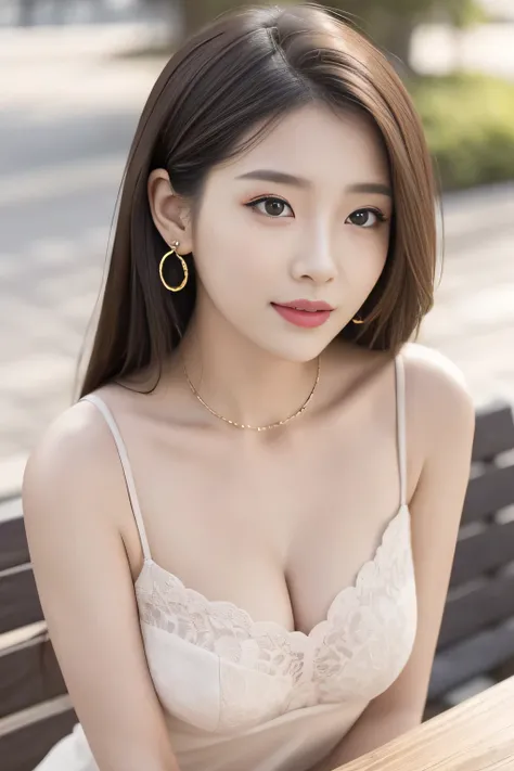 ((table top, high quality, high reality)), elegant woman, alone, beautiful face, Big eyes, long eyelashes, double eyelid, light makeup, clavicle chain, earrings, Sitting on a bench in a city park, attractive pose, bare shoulders, sexy breasts, Fair skin, t...