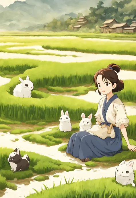 1 girl, Sitting in the rice field，rice，countryside，is the background, closeup portrait, Ghibli style colors, ultra high definition