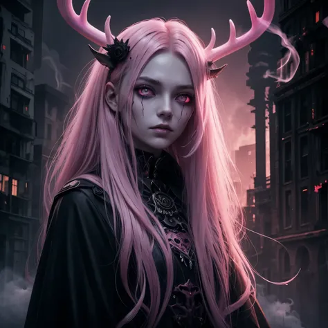 dark, unholy, evil, astral, creepy style, undead, rotting skin, mystical, nice perfect face with soft skin, young beautiful girl portrait on a tall building, smoke, mist, night, long pink hair, antlers, glowing pink eyes, from behind, light pink glow, void