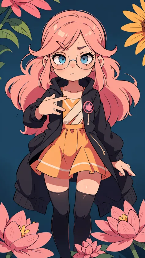 pink hair, flower in hair, soft blue eyes, nice little dress, soft yellow and soft pink dress, leggings on the legs, black hetaeras, glasses on face, jacket for dress, Black jacket