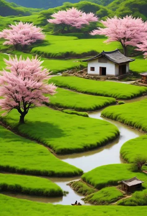 paddy，rural area，Pastoral scenery，spring landscape