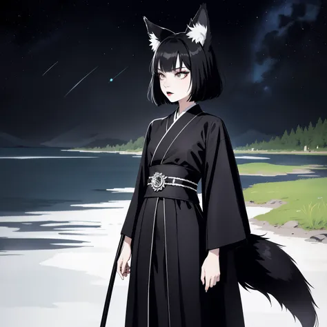 superflat, flat shading, flat colors, masterpiece, best quality, 1girl, little teen, 12yo, slim, small breast, black straight hair, black fox ears, (big black fox tail), (goth makeup), goth black kimono with white ornate, standing, river, grassy hills, (bl...