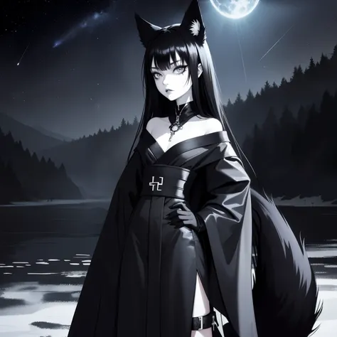 superflat, flat shading, flat colors, masterpiece, best quality, 1girl, little teen, 12yo, slim, small breast, black straight hair, black fox ears, (big black fox tail), (goth makeup), goth black kimono with white ornate, standing, river, grassy hills, (bl...