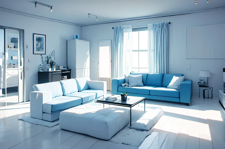 the room has a light blue sofa and a white table.., minimal design, modern, minimalist interior design, modern minimalist, moder...