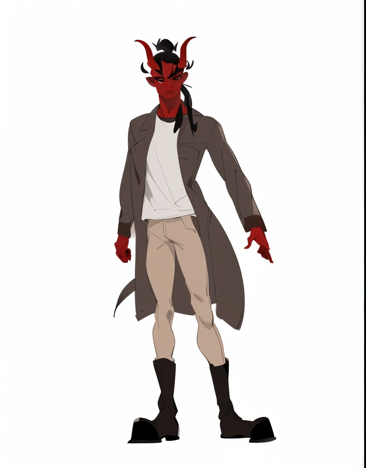 ((1 man)) Adopt the concept of the character ,whole body, red skin, daemon, horns, black hair in a ponytail, thin body, dark brown raincoat,  White shirt, light brown pants, black boots