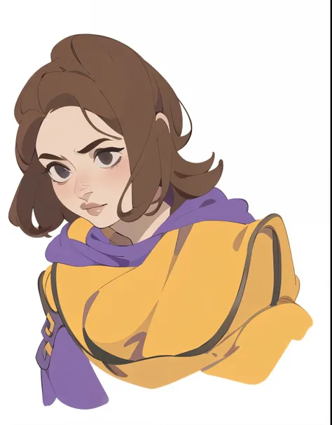 Young woman, dwarf, short, short brown hair, yellow dress, Purple Cloak, looks up