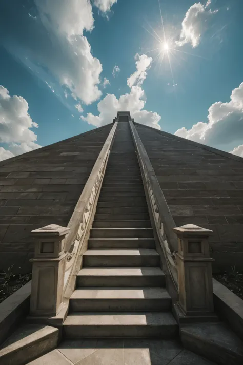 Staircase ascending towards the heavens in the clouds, bathed in a brilliant, radiant light emanating from above. The realism of the scene is breathtakingly captured with ultra-high definition, offering intricate details on every step and textured surface....