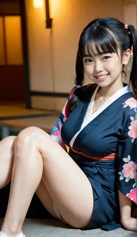 （8k、Raw photography、highest quality、masterpiece：1.2),(black haired、short twin tails:1.5),show viewer,Looking at the front,erotic,白いskin,(Wearing a kimono with a colorful floral pattern:1.6)、(Clothing that emphasizes the shape of your chest、publish one&#39;...