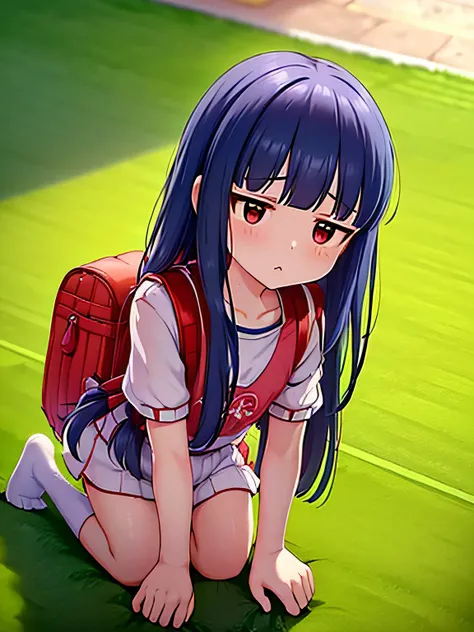 , yukimi, 10., long hair, dull bangs, flat chest, No expression, shy, whole body, highest quality, short sleeve (White gym uniform with colored hems:1.3), carry (randoseru backpack:1.4), naked足, at the park、naked、protruding chest、((get down on all fours:1....