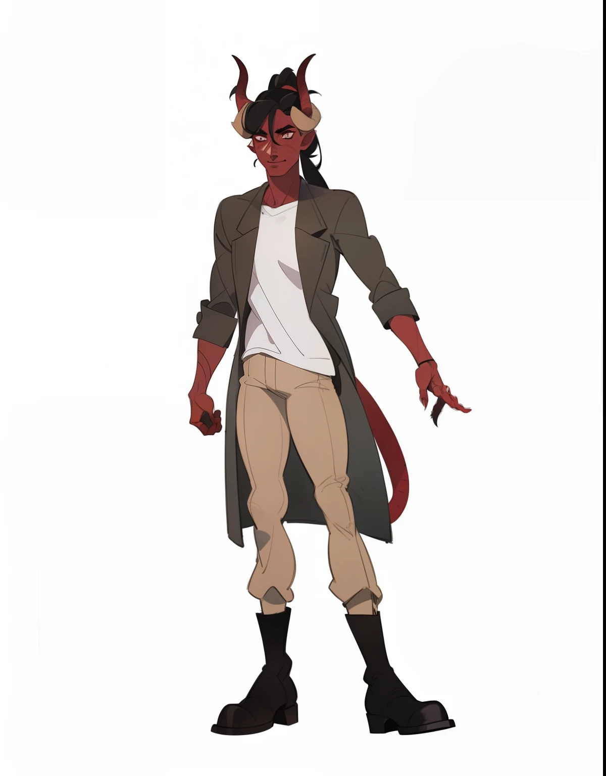 ((1 man)) Adopt the concept of the character ,whole body, red skin, daemon, horns, black hair in a ponytail, thin body, dark brown raincoat,  White shirt, light brown pants, black boots