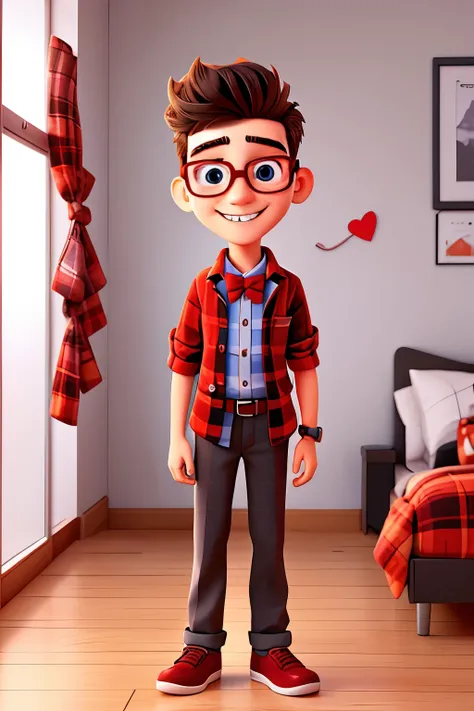 A lively and charming mascot of a cartoon-style teenage man emerges, clad in a crisp red plaid shirt and an added accessory of a young, stylish bow tie. His bright eyes gleam behind stylish glasses, framing his youthful features. A recent journalism gradua...