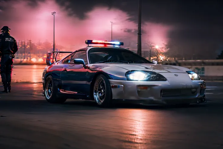 Araf image of a police car，There&#39;s a man standing next to you, Tokyo Drift, akira vibes, japanese drift car, cyberpunk streetwear, toyota jzx 1 0 0 drift, Scenes!!, toyota supra, nightlife, On the street track, Burned out, takata yamamoto style, car dr...