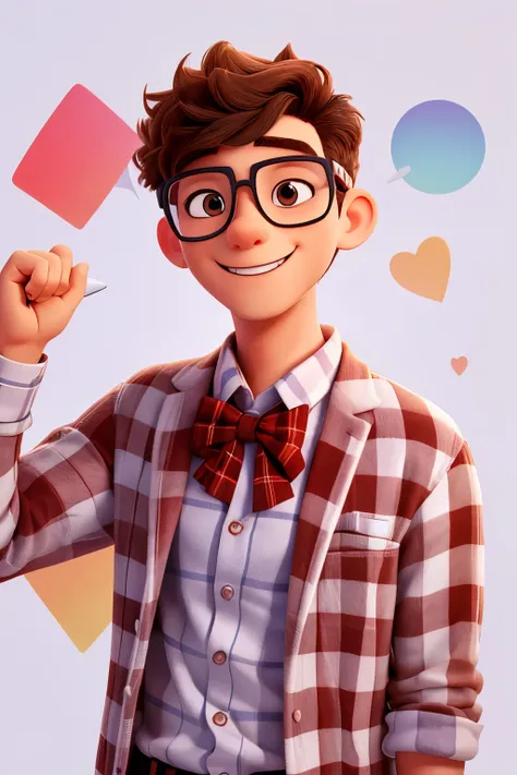 mascot of a cheerful teenage man, donning glasses and a red plaid shirt accentuated by a bow tie, beaming with joy on a pristine white background. --s2 (This description aims to provide a vivid and engaging image of the teenage mascot in a cartoon style, w...