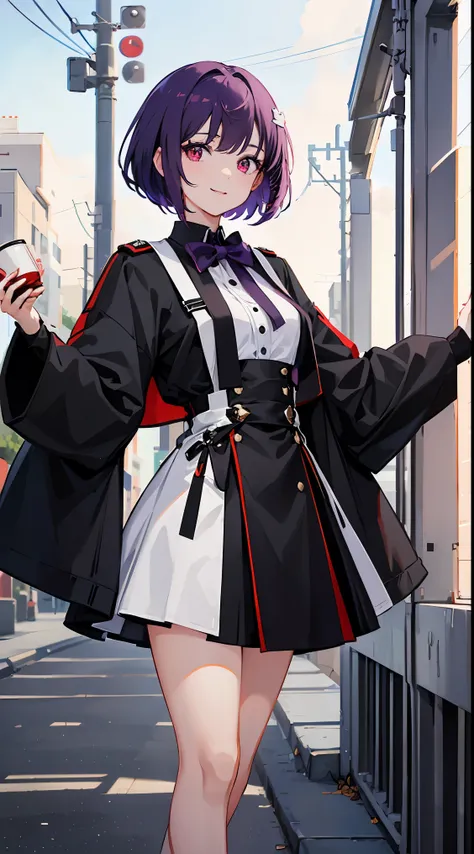 young girl, short purple hair, red eyes, Pale, black uniform, a smile, tea, masterpiece, high qulity