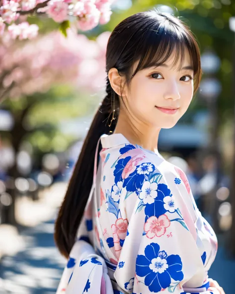 (highest quality, 8k, High resolution, masterpiece:1.2), beautiful japanese girl, 16 years old, glossy black hair, ponytail, asymmetrical bangs, big eyes like sapphires, High resolutionの潤んだ瞳, smooth soft skin, pale pink lips, natural makeup, gentle smile, ...