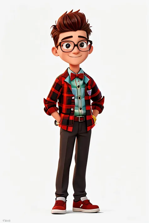 A lively and vibrant mascot logo of a teenage man who wears glasses and a red plaid shirt, paired with a classic bow tie. This young man, a recent journalism graduate, exudes an infectious energy and enthusiasm on a pristine, white background. His expressi...