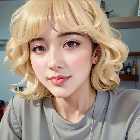 foto arafada de uma mulher com cabelo loiro e um colar, Retrato realista kawaii, com cabelo curto, kpop idol portrait, arte digital but photo, Jinyoung Shin, taejune kim, inspirado em jeonseok lee, retrato colorido, fotorrealista!!!!!!! Estilo de arte, pes...