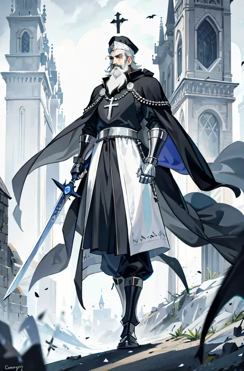 one man, 55 year old knight with a beard, gray hair, white beard, with black cloak, In full medieval plate armor, black cloak, Wearing a simple wide-brimmed hat, vampire hunter d style, flat, 2D, whole body shot, rosary for necklace, catholic, cool pose, g...