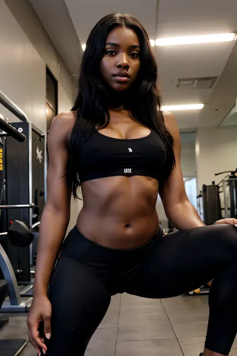 Beautyful ebony african model, very dark black skin, long black hair, gym, red leggings