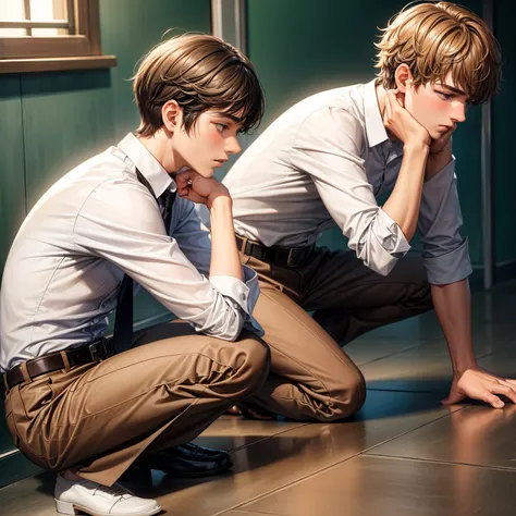 teenager boy using white dress shirt with brown dress pants and a belt on a christian school, kneeling down praying