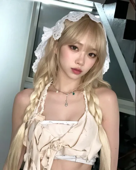 Chica de pelo rubio con pelo largo vistiendo un top blanco y un gorro blanco., Chaewon , pelo largo y rubio y flequillo, shikami, Kim Chaewon de Lesserafim, ulzzang, bella delfina, el corte de hime, con el pelo largo y blanco, japanese gyaru portrait, fair...