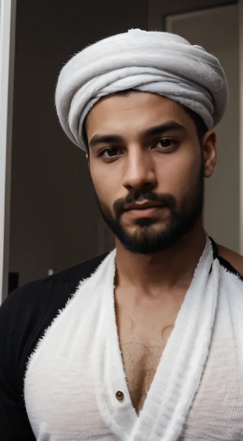 Handsome male,arabe,barbe,Portrait du haut du corps,pull noir,fond blanc,