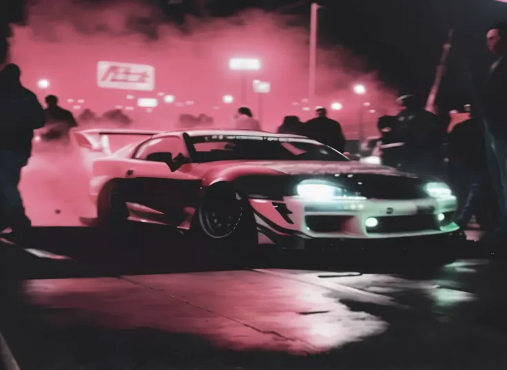 Arav image of a racing car，There are many people standing behind, Tokyo Drift, akira vibes, japanese drift car, cyberpunk streetwear, Scenes!!, toyota supra, nightlife, On the street track, Burned out, takata yamamoto style, car drifting, need for speed, T...