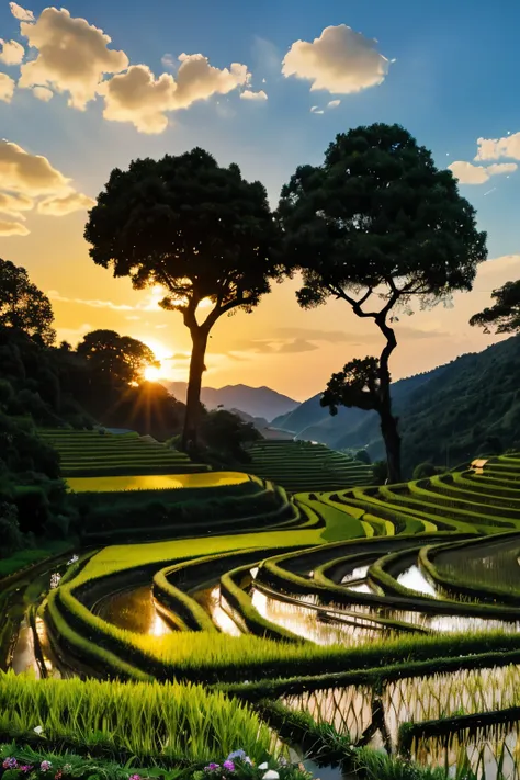 in a bottle (enclosed) rice terraces, irrigation channels, lush greenery, terraced slopes, symmetrical patterns, harmony with na...