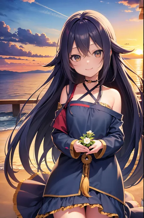 anime style, in the sky, over the sea, two eyes open, eyes detailed, in a sunset, smiling, masterpiece, 4k, detailed face, good anathomy, highlights,  