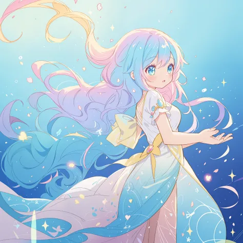 beautiful anime girl in gradient flowing dress, vibrant pastel colors, (colorful), long flowing colorful gradient hair, magical lights, sparkling lines of light, inspired by Glen Keane, inspired by Lois van Baarle, disney art style, by Lois van Baarle, glo...