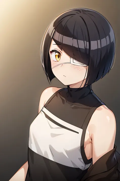 girl, nakanaka_omoharu, black hair, short hair, flat chest, golden eyes, white eye patch, casual outfit, black shirt, sleeveless...