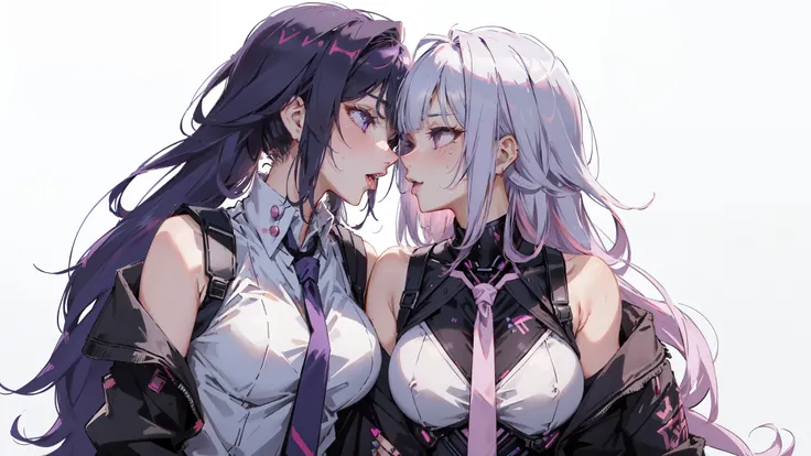 (((2 girl, look at viewer))),Ahegao, tongue out, a person with a white hair and a pink light, badass anime 8 k, Profile, aluring, seductive, closeup, adult woman, cyberpunk, sleeveless, cybernetic arms, white background, dark purple hair, blunt bangs, long...