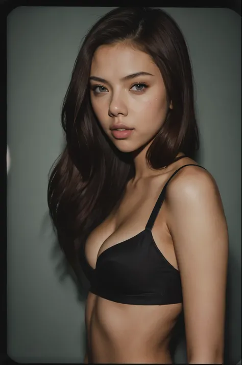 arafed instagram supermodel, asian features, mid-length red hair, pale skin, perfect face, looking hot, Victoria secret model body, Madison beer, Scarlett Johansson, harsh polaroid flash, vintage quality, in the night, dark background, perky