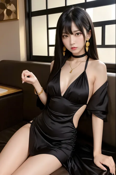 A japanese woman, black hair, yellow eyes, thuck thighs, big chest, wears black silky mini dress, earrings and necklace, at luxurious house, angry looking face, slim, wealthy 