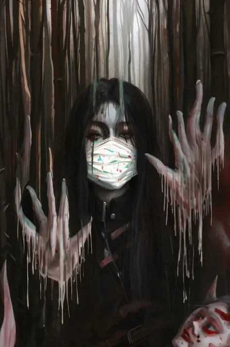 horror art, horror, fear, painting of a woman with long hair and a face mask in a forest, artwork of dave mckean.