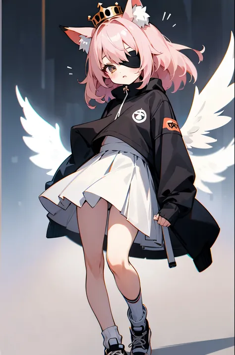 1girl, ultra hd, 4k, bangs, blush_stickers, eyepatch, fox_ears, white_wings, crown, strapless, miniskirt, socks, sneakers