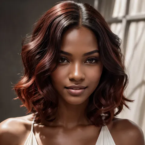 red wavy hair with middle part, Brazilian hair bob cut lace frontal 2b, in the style of haunting elegance, chiaroscuro mastery, playful yet dark, iconic, high gloss, nature-inspired, bold shadows, black woman, smiling expression, clear background, red and ...