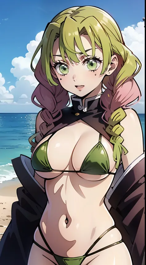 a 1girl, Japanese ocean, beach, beautiful big breasts, rose hair, Bright green color at the ends of the hair,  MitsuriKanroji,stands in full growth in pink micro bikini,  (Body Full 1:1), Dazzling, smil, chest, In art: Demon Slayer, Demon Slayer Art Style,...